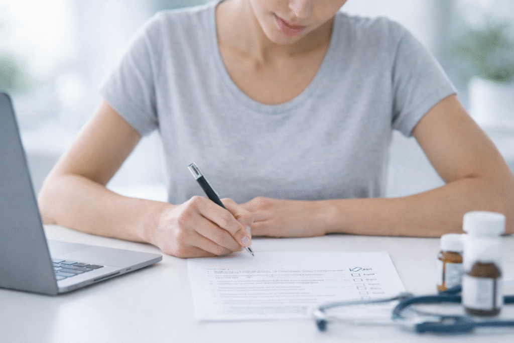 frau füllt gesundheitsformular aus