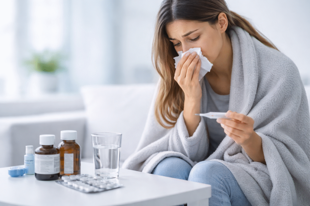 krank im bett mit medikamenten