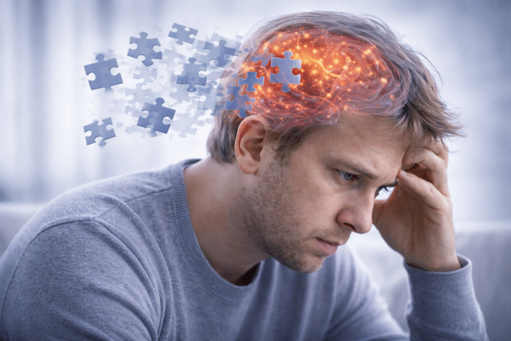 Asperger-Syndrom nachdenklicher mann mit leuchtendem gehirn